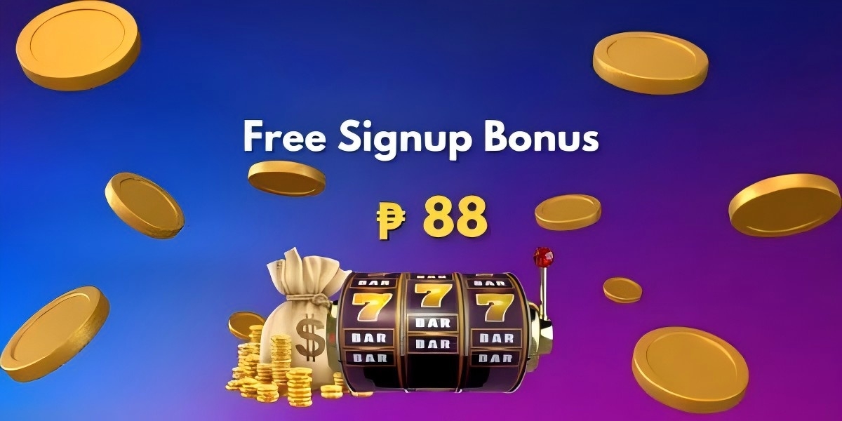 Promotional banner with a slot machine, gold coins and a free signup bonus headline on a blue-purple background